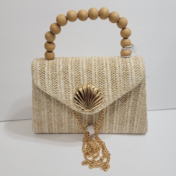 Haute Hippie Handbags - Haute Hippie Woven Straw Gold Sea Shell Clutch Bag Wood Bead Handle Crossbody